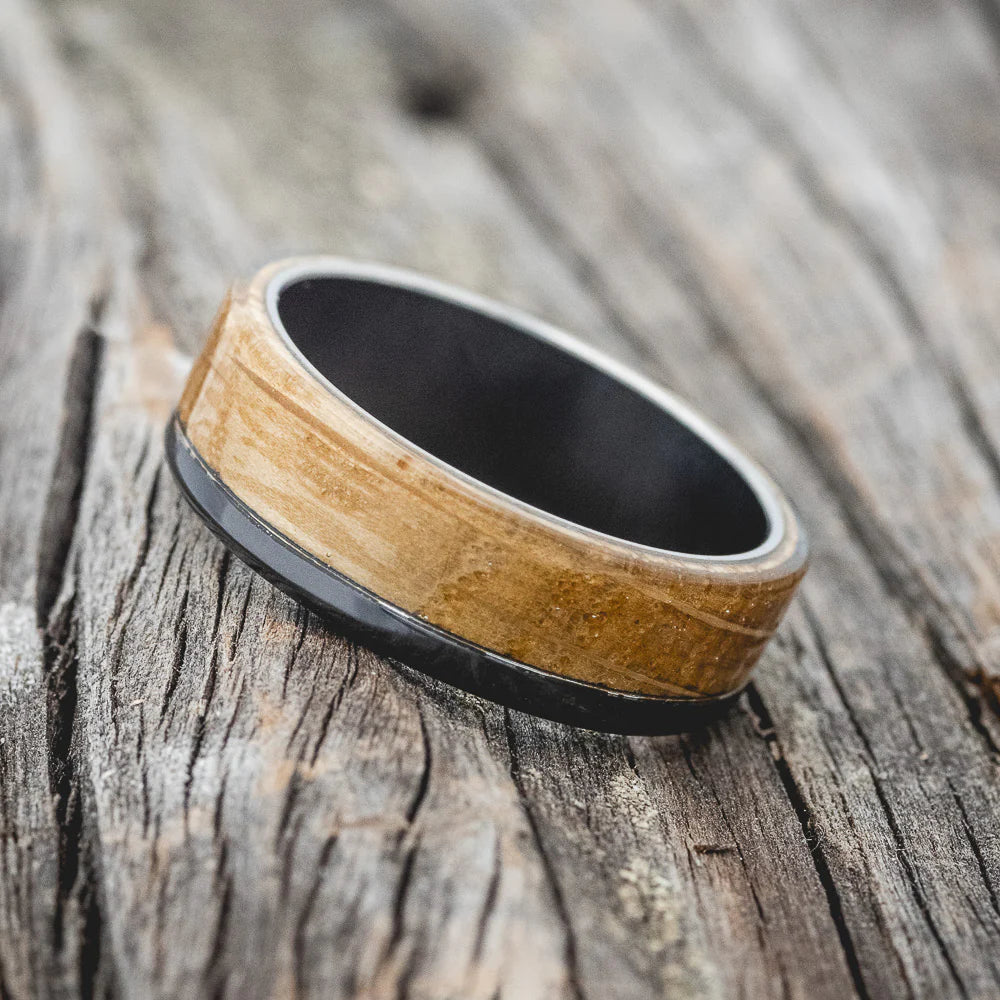 "EZRA" - WHISKEY BARREL OAK WEDDING BAND - BLACK ZIRCONIUM - SIZE 8-Staghead Designs