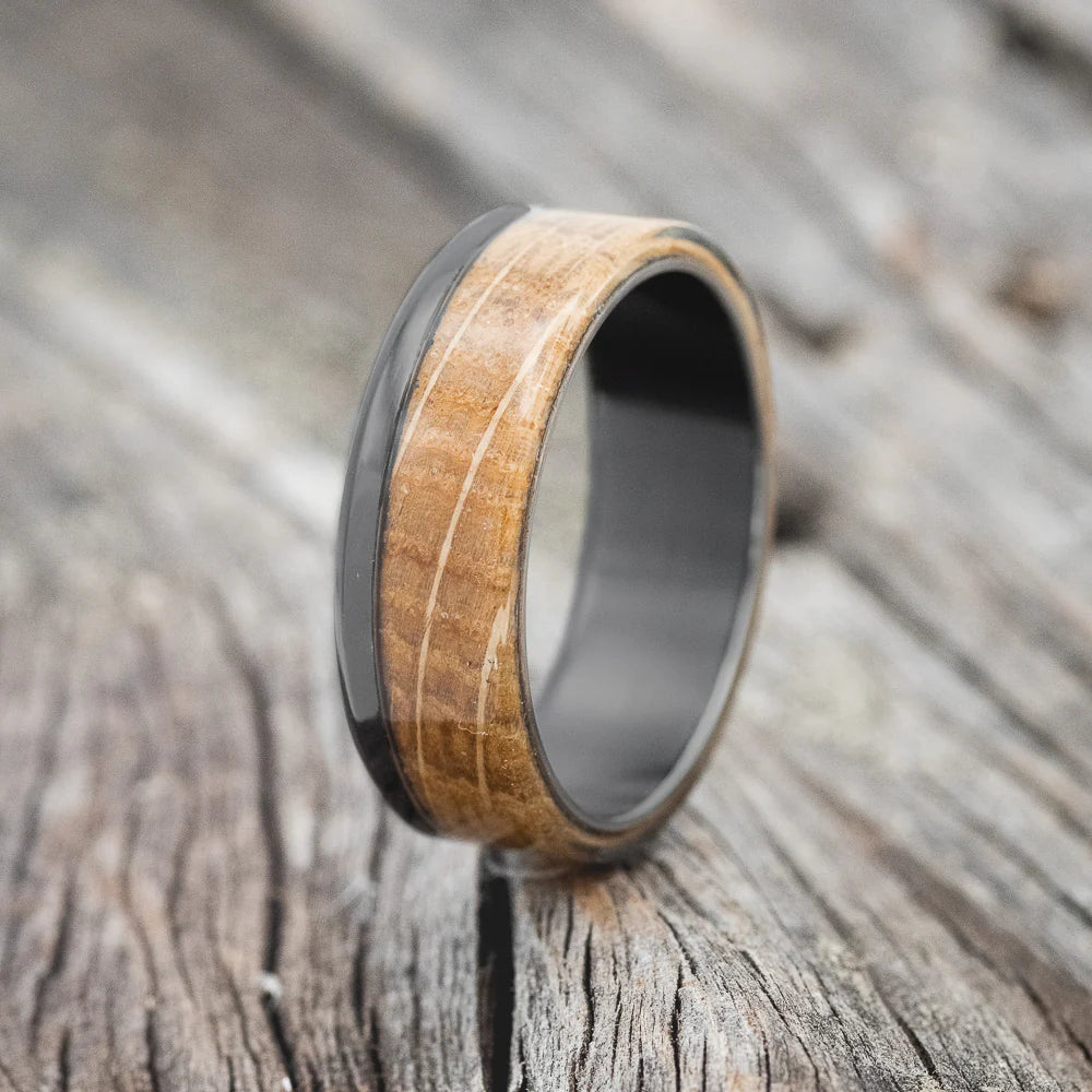 "EZRA" - WHISKEY BARREL OAK WEDDING BAND - BLACK ZIRCONIUM - SIZE 8-Staghead Designs