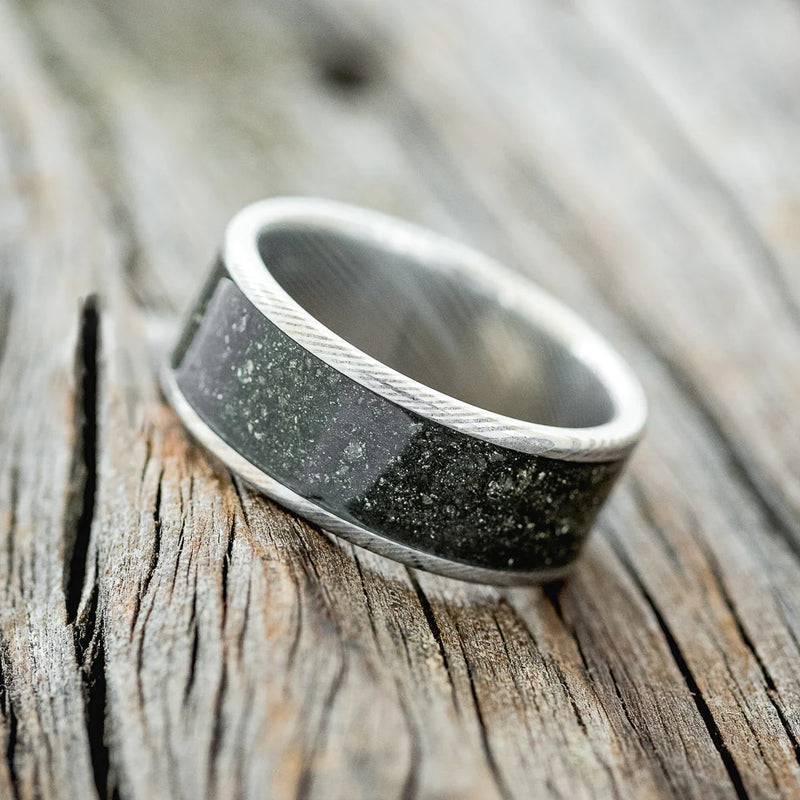 "RAINIER" - PYRITE WEDDING RING - DAMASCUS STEEL - SIZE 8 3/4-3