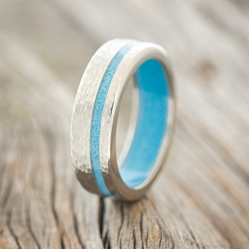 "VERTIGO" - TURQUOISE WEDDING RING FEATURING A TURQUOISE LINED BAND - READY TO SHIP