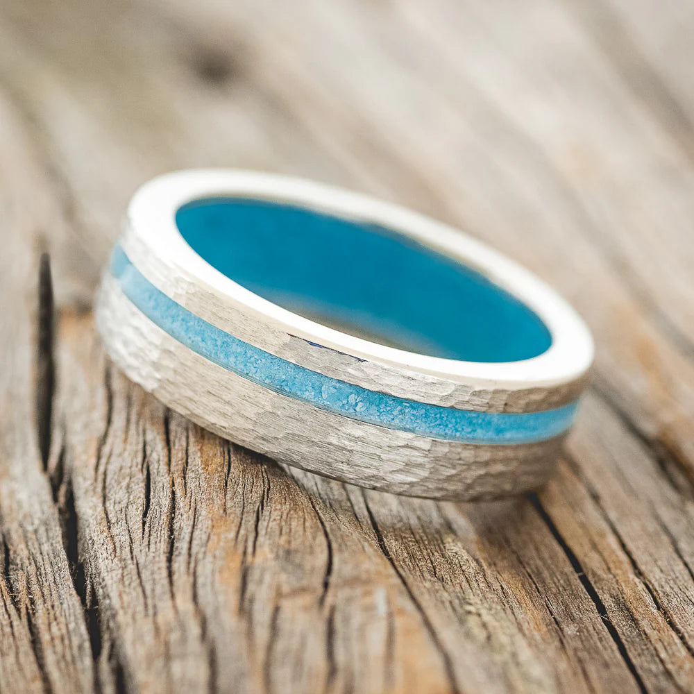 "VERTIGO" - TURQUOISE WEDDING RING FEATURING A TURQUOISE LINED BAND AND HAMMERED FINISH - TITANIUM - SIZE 7-Staghead Designs
