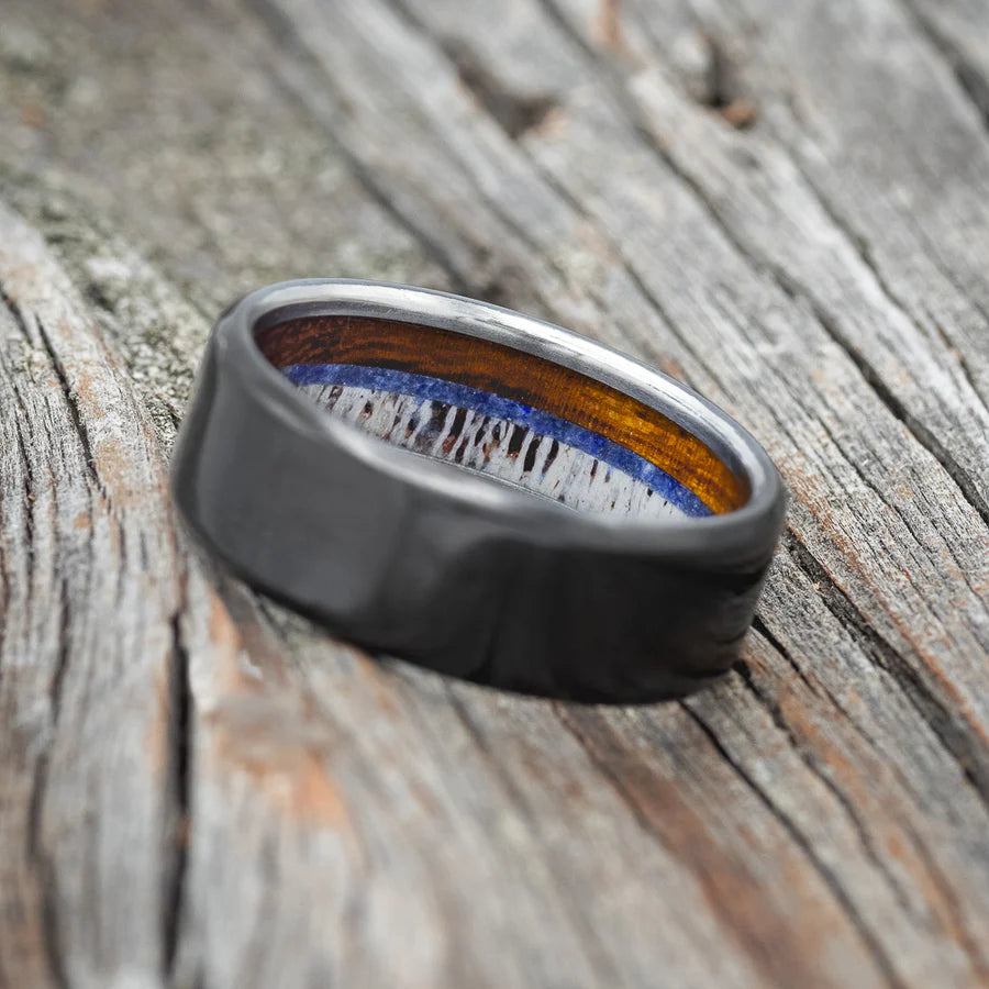 "ARGOS" - WHISKEY BARREL OAK, LAPIS LAZULI, AND ANTLER LINED WEDDING BAND - BLACK ZIRCONIUM - SIZE 10-Staghead Designs