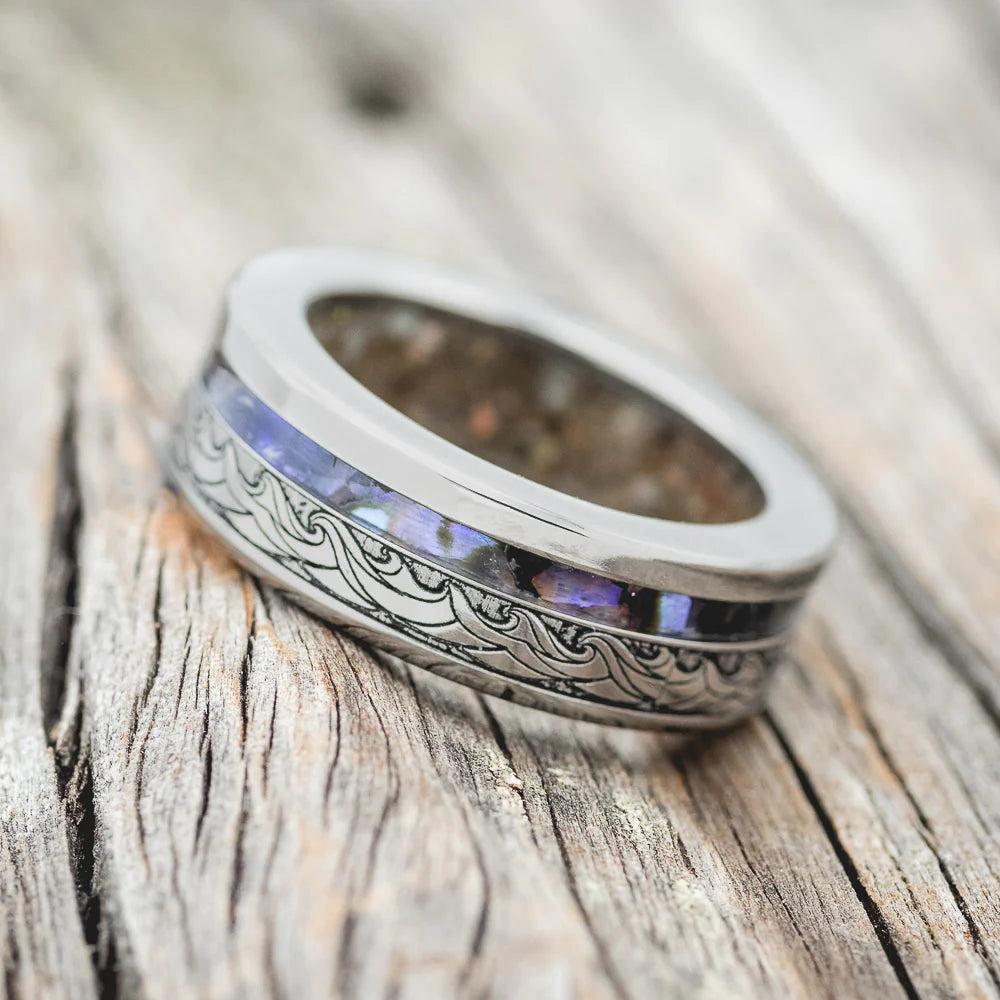 "TRITON" - WAVE ENGRAVED WEDDING BAND WITH PAUA SHELL & SAND LINING - TITANIUM - SIZE 8-3