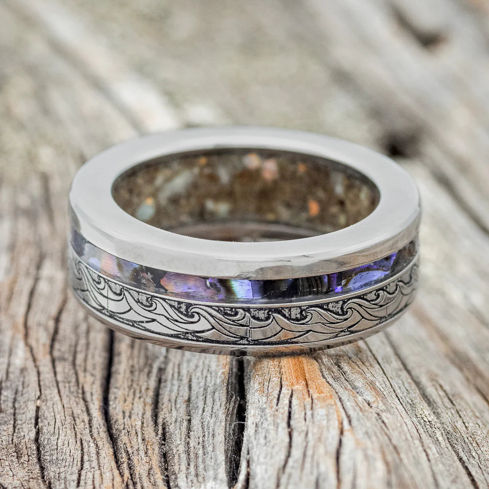 "TRITON" - WAVE ENGRAVED WEDDING BAND WITH PAUA SHELL & SAND LINING - TITANIUM - SIZE 8-5