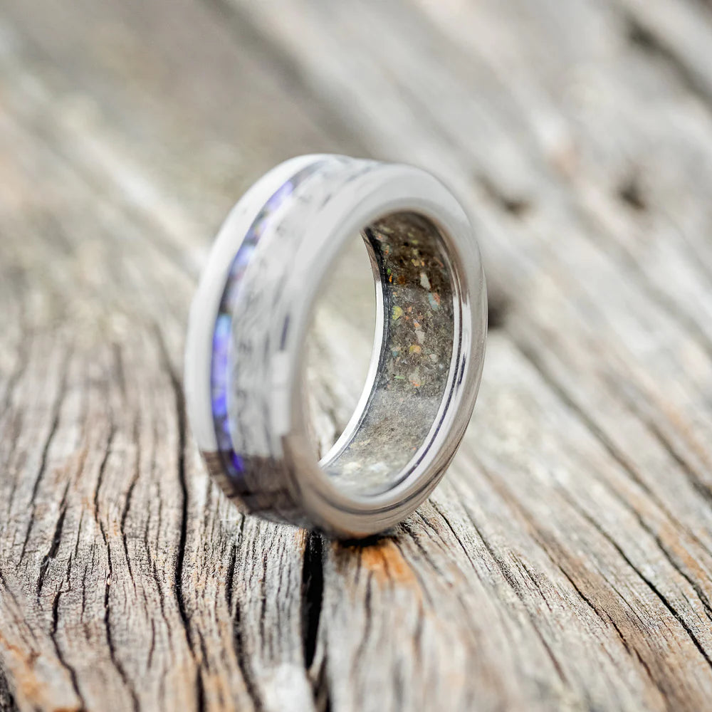 "TRITON" - WAVE ENGRAVED WEDDING BAND WITH PAUA SHELL & SAND LINING - TITANIUM - SIZE 8-2