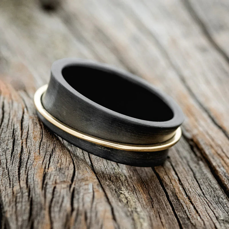 "ROTARY" - 14K YELLOW GOLD SPINNER WEDDING RING - BLACK ZIRCONIUM (6mm) - SIZE 8 1/4-2