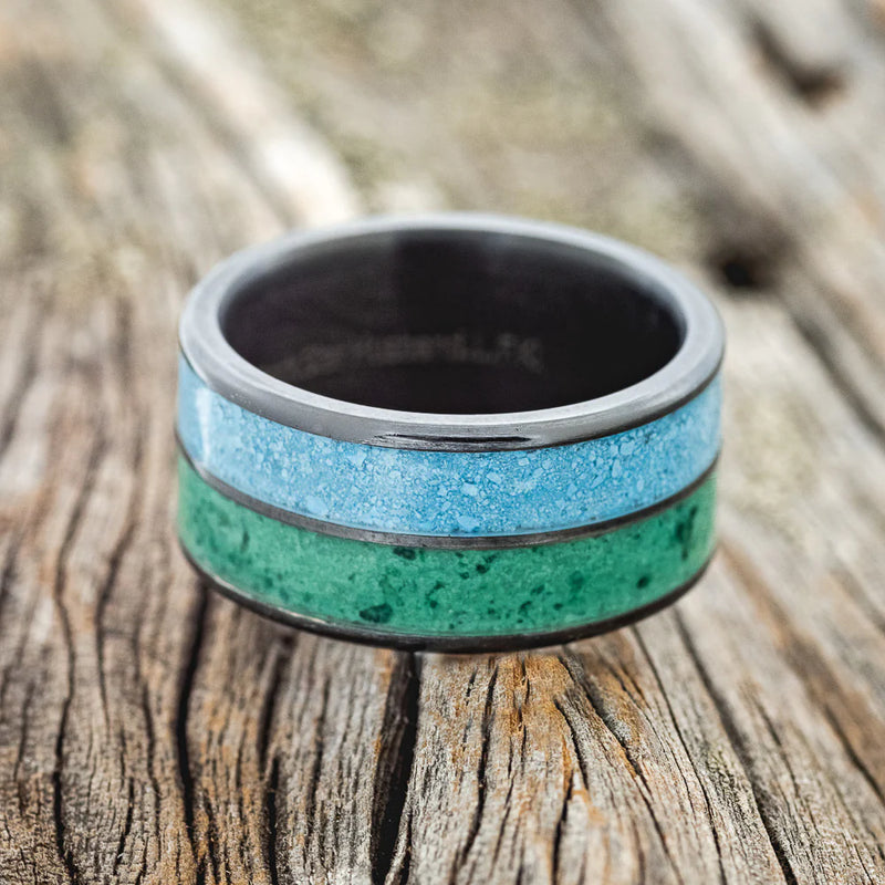 "DYAD" - MALACHITE & TURQUOISE WEDDING RING - BLACK ZIRCONIUM - SIZE 10-2