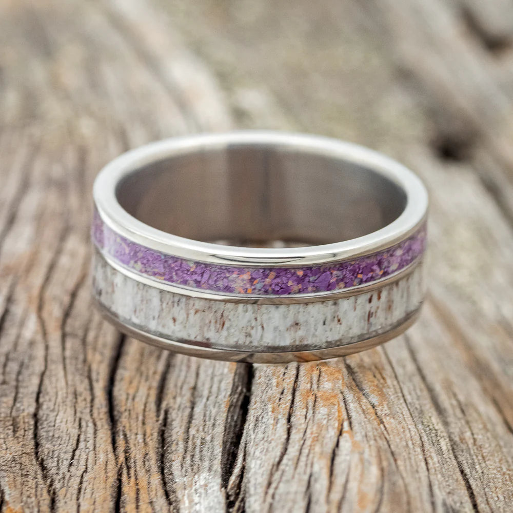 "Raptor" - Antler With Sugilite & Opal Mix Wedding Band - Titanium (8mm) - Size 10