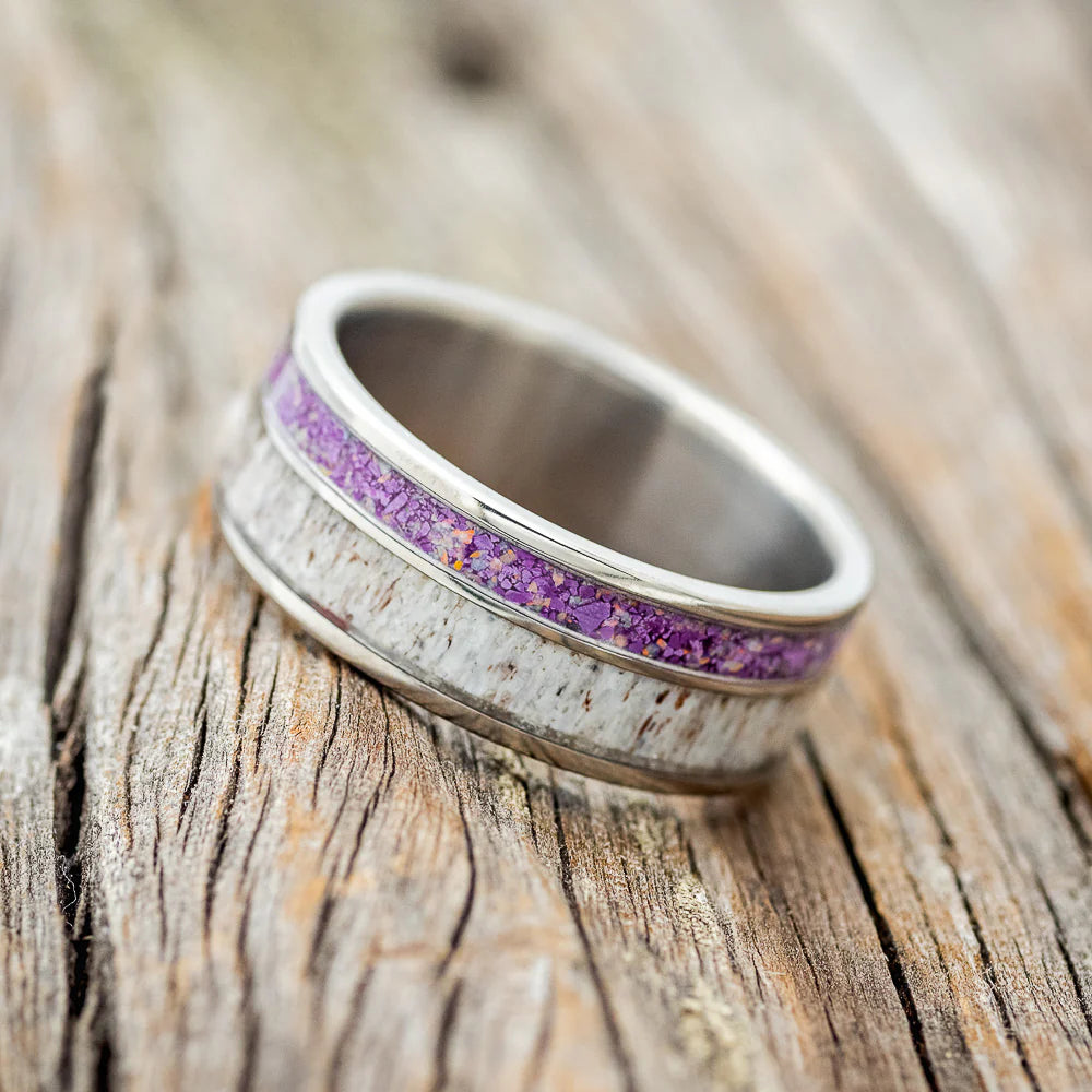 "Raptor" - Antler With Sugilite & Opal Mix Wedding Band - Titanium (8mm) - Size 10