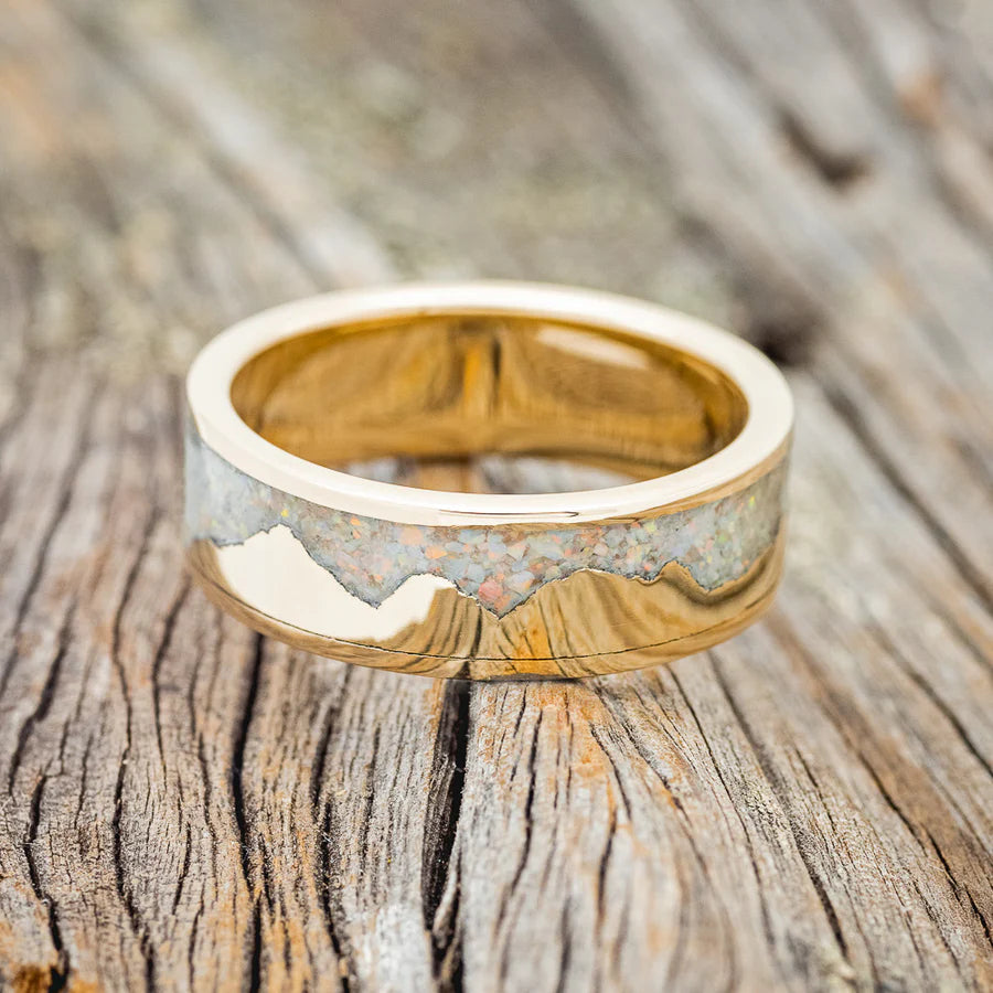 "HELIOS" - CRUSHED FIRE & ICE OPAL WEDDING BAND - 14K YELLOW GOLD - SIZE 7 3/4-Staghead Designs