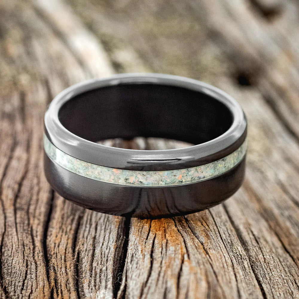 "VERTIGO" - FIRE & ICE OPAL WEDDING BAND - BLACK ZIRCONIUM - SIZE 12 3/4-Staghead Designs