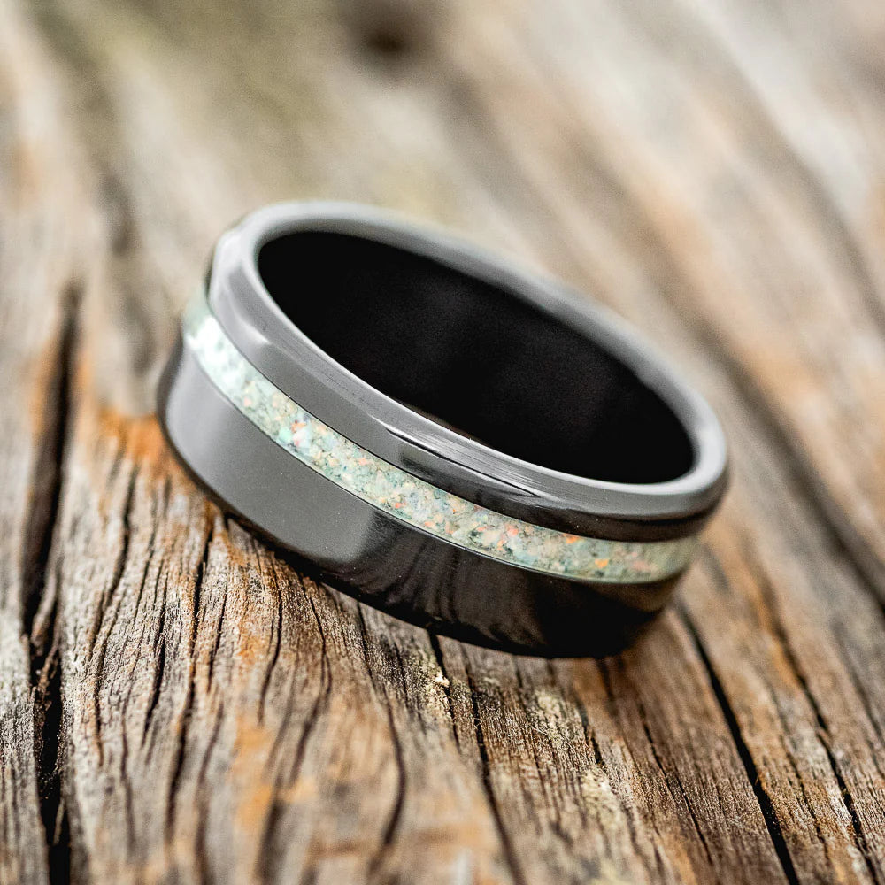 "VERTIGO" - FIRE & ICE OPAL WEDDING BAND - BLACK ZIRCONIUM - SIZE 12 3/4-Staghead Designs