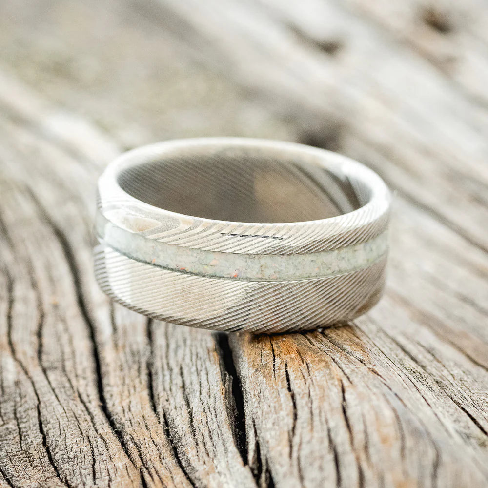 "VERTIGO" - FIRE & ICE OPAL WEDDING BAND - DAMASCUS STEEL - SIZE 9 3/4-Staghead Designs