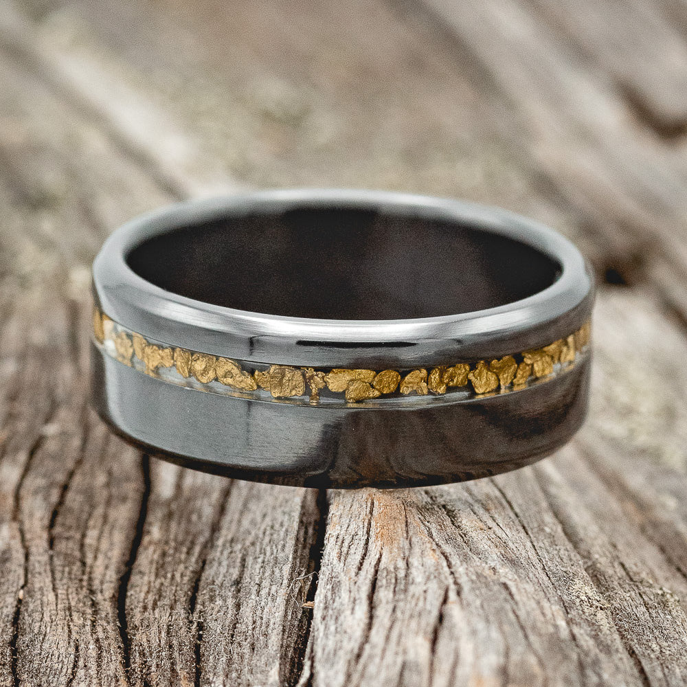 "Vertigo" - Gold Nugget Inlay Wedding Ring - Black Zirconium (8mm) - Size 8 1/2-Staghead Designs