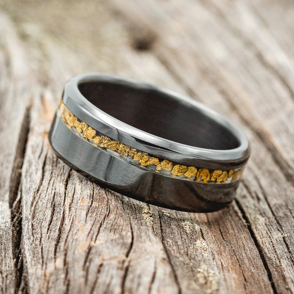 "Vertigo" - Gold Nugget Inlay Wedding Ring - Black Zirconium (8mm) - Size 8 1/2-Staghead Designs