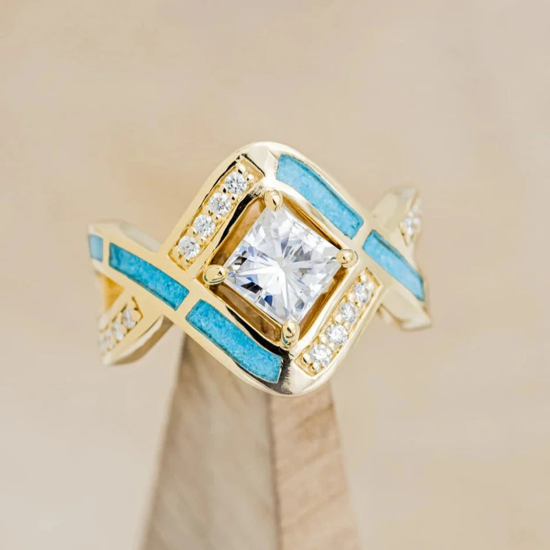 "HELIX" - BRIDAL SUITE - PRINCESS CUT MOISSANITE ENGAGEMENT RING WITH DIAMOND ACCENTS, TURQUOISE, & TRACERS