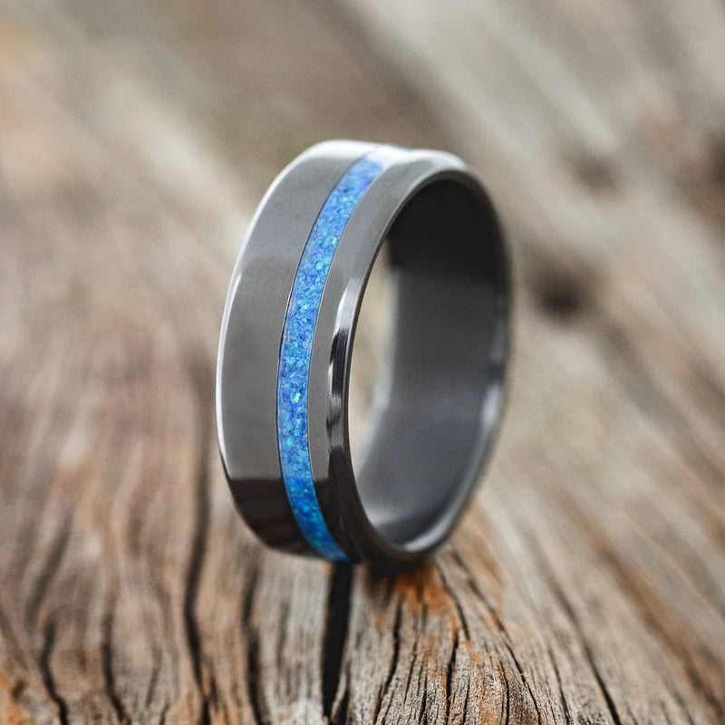 "VERTIGO" - BLUE OPAL WEDDING BAND- BLACK ZIRCONIUM - 10 1/4-1