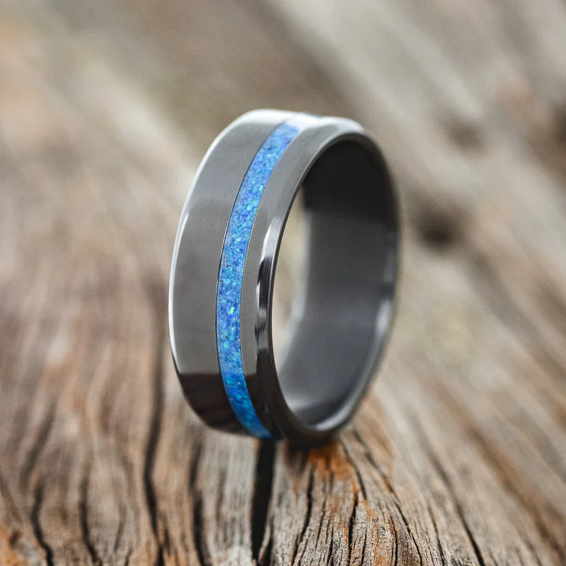 "VERTIGO" - BLUE OPAL WEDDING BAND- BLACK ZIRCONIUM - 8 3/4-1