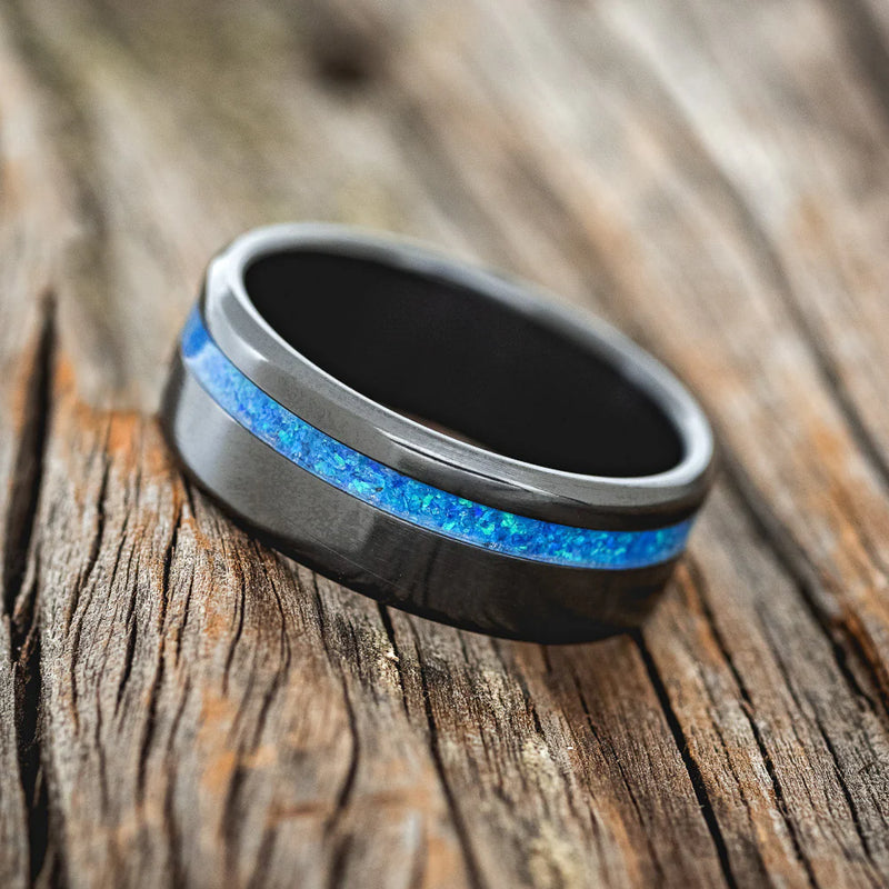 "VERTIGO" - BLUE OPAL WEDDING BAND- BLACK ZIRCONIUM - 10 1/4-3