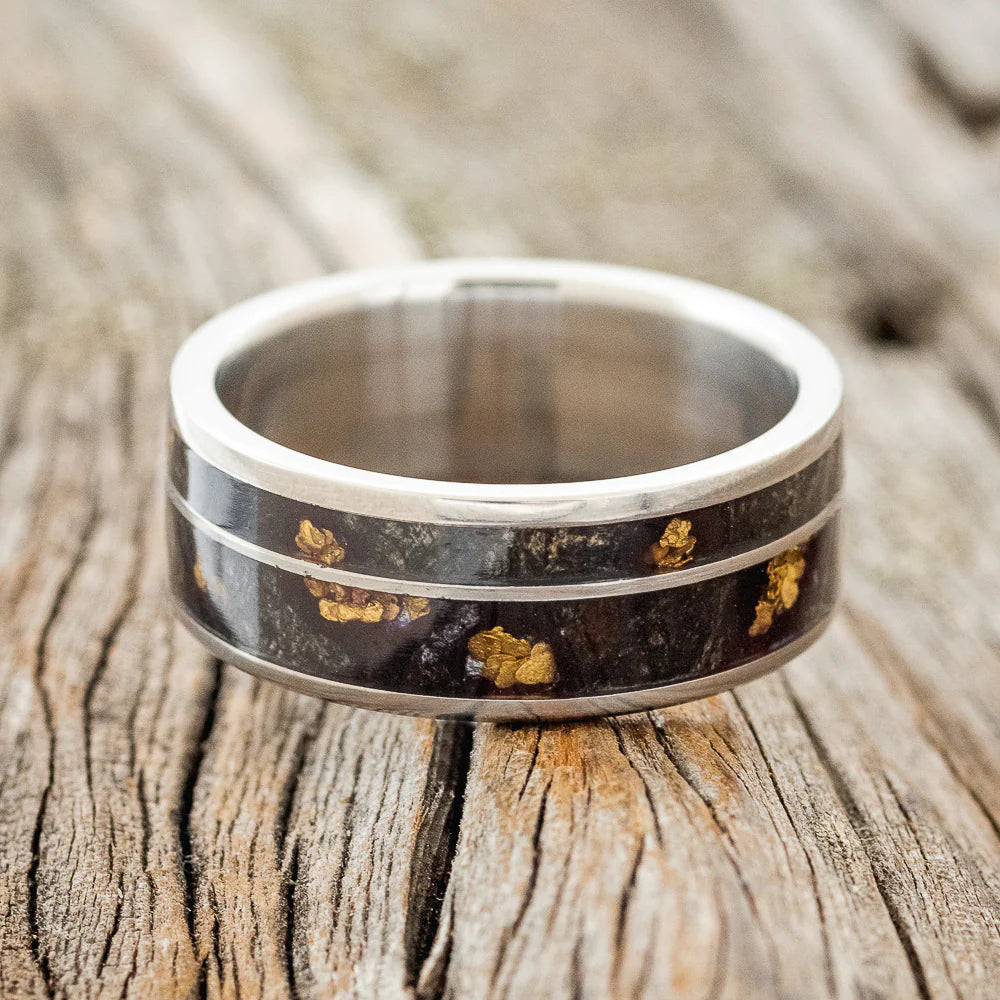 "RAPTOR" - BUCKEYE BURL WOOD WITH GOLD NUGGET INLAYS WEDDING RING - TITANIUM - SIZE 9-Staghead Designs