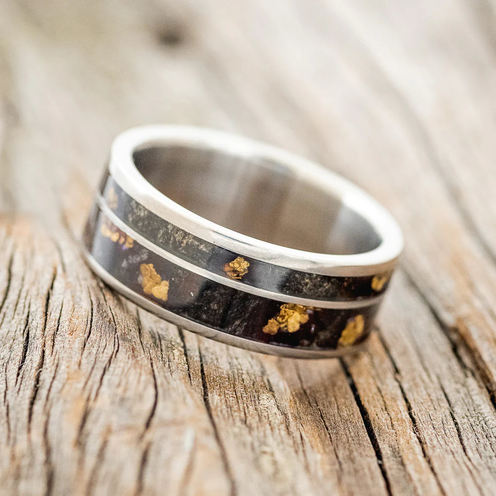 "RAPTOR" - BUCKEYE BURL WOOD WITH GOLD NUGGET INLAYS WEDDING RING - TITANIUM - SIZE 9-Staghead Designs