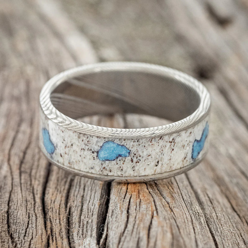 "RAINIER" - ANTLER & TURQUOISE WEDDING BAND - DAMASCUS STEEL - SIZE 10 3/4-2