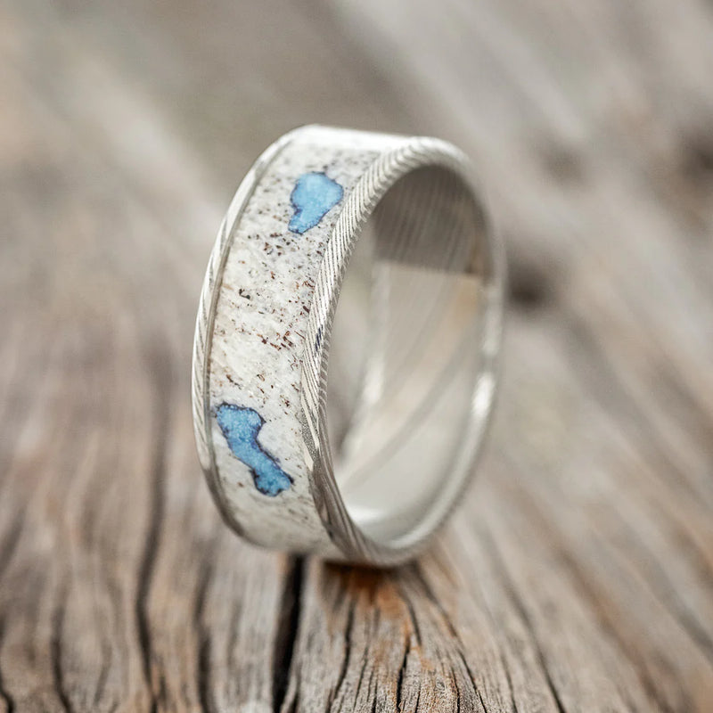 "RAINIER" - ANTLER & TURQUOISE WEDDING BAND - DAMASCUS STEEL - SIZE 10 3/4-1