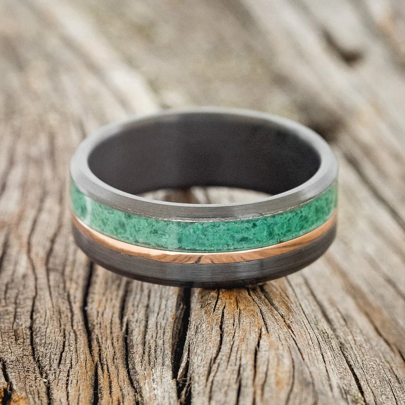 "TANNER" - MALACHITE & 14K ROSE GOLD INLAY WEDDING RING BRUSHED FINISH - BLACK ZIRCONIUM - SIZE 12 1/2-2