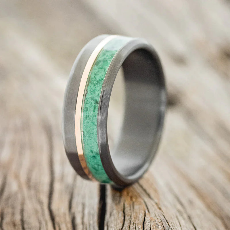 "TANNER" - MALACHITE & 14K ROSE GOLD INLAY WEDDING RING BRUSHED FINISH - BLACK ZIRCONIUM - SIZE 12-1