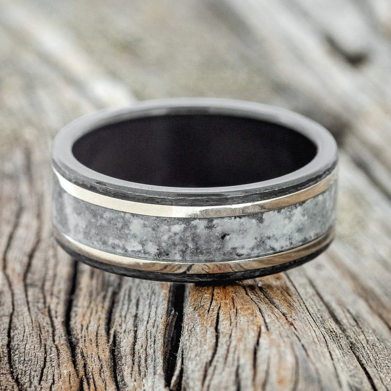 "HOLLIS" - MOONSTONE & 14K WHTIE GOLD INLAY WEDDING RING WITH HAMMERED FINISH - BLACK ZIRCONIUM - SIZE 12-3