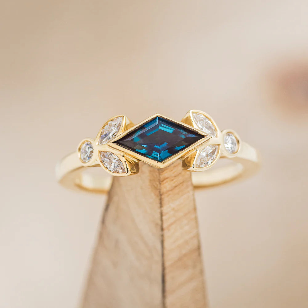 "ROWEN" - LOZENGE CUT LAB-GROWN ALEXANDRITE ENGAGEMENT RING WITH DIAMOND ACCENTS - 14K YELLOW GOLD - SIZE 8 3/4 (Copy)-Staghead Designs