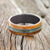 "GLEN" - WHISKEY BARREL OAK & FISHING LINE WEDDING RING - BLACK ZIRCONIUM - SIZE 15 1/2-2