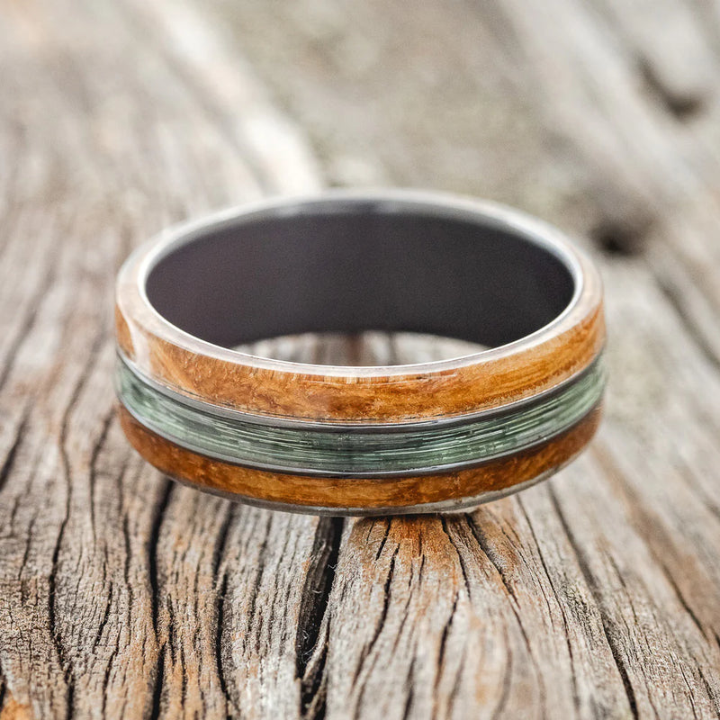 "GLEN" - WHISKEY BARREL OAK & FISHING LINE WEDDING RING - BLACK ZIRCONIUM - SIZE 15 1/2-2