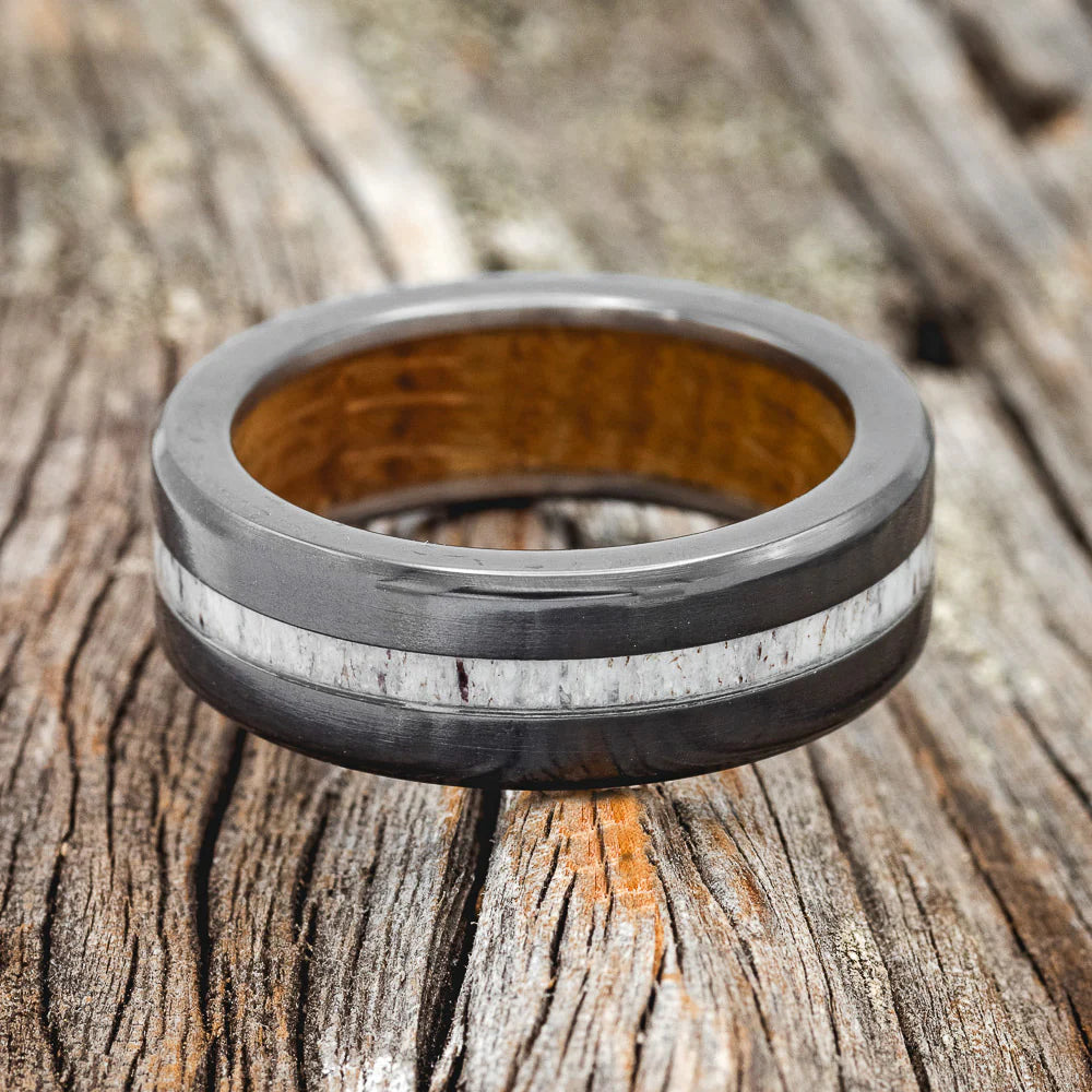 "NIRVANA" - ANTLER WEDDING RING FEATURING A WHISKEY BARREL LINED BAND - BLACK ZIRCONIUM - SIZE 9 1/4-Staghead Designs