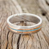 "ASHER" - TURQUOISE & 14K GOLD INLAYS WEDDING RING - DAMASCUS STEEL - SIZE 6-2