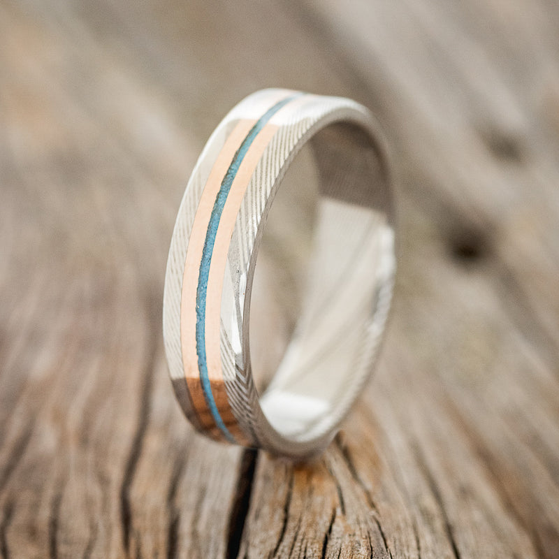 "NIRVANA" - TURQUOISE & 14K GOLD INLAYS WEDDING RING FEATURING A DAMASCUS STEEL BAND - DAMASCUS STEEL - SIZE 6