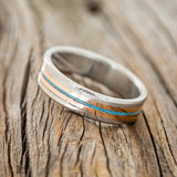 "NIRVANA" - TURQUOISE & 14K GOLD INLAYS WEDDING RING FEATURING A DAMASCUS STEEL BAND - DAMASCUS STEEL - SIZE 6