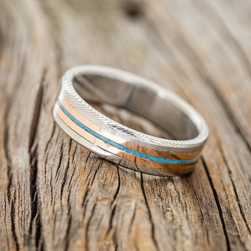 "ASHER" - TURQUOISE & 14K GOLD INLAYS WEDDING RING - DAMASCUS STEEL - SIZE 6-3