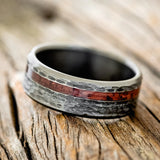 "VERTIGO" - PURPLEHEART WOOD WEDDING BAND WITH HAMMERED FINISH - BLACK ZIRCONIUM - 7 1/2-3