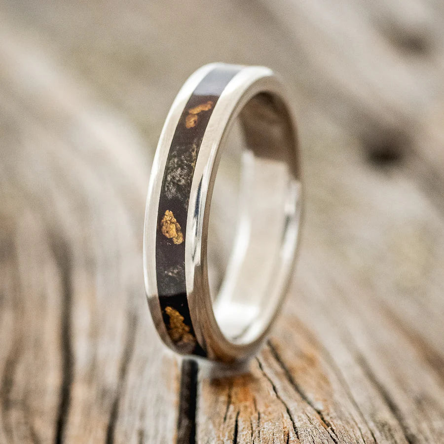 "ETERNA" - BUCKEYE BURL WOOD & GOLD NUGGETS STACKING BAND - TITANIUM - SIZE 8-Staghead Designs