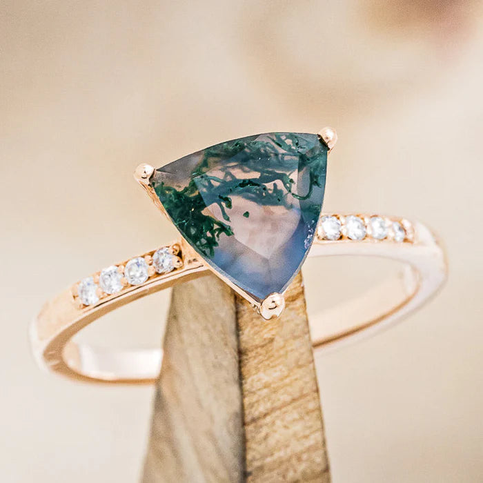 "Piper" - Trillion Cut Moss Agate Engagement Ring With Diamond Accents - 14K Rose Gold - Size 6-Staghead Designs