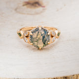 "LUCY IN THE SKY" - HEXAGON MOSS AGATE ENGAGEMENT RING WITH DIAMOND HALO, MOSS INLAYS & DIAMOND TRACER