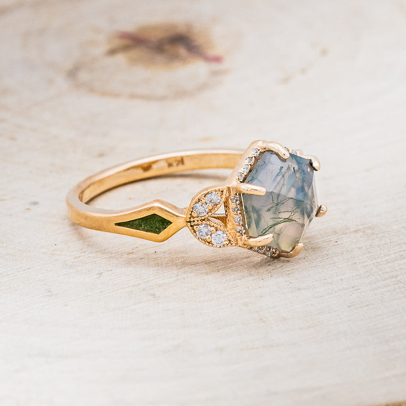"LUCY IN THE SKY" - HEXAGON MOSS AGATE ENGAGEMENT RING WITH DIAMOND HALO, MOSS INLAYS & DIAMOND TRACER