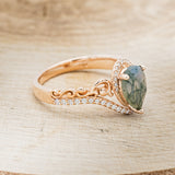 "SCARLET" - PEAR-SHAPED MOSS AGATE ENGAGEMENT RING WITH DIAMOND ACCENTS - READY TO SHIP