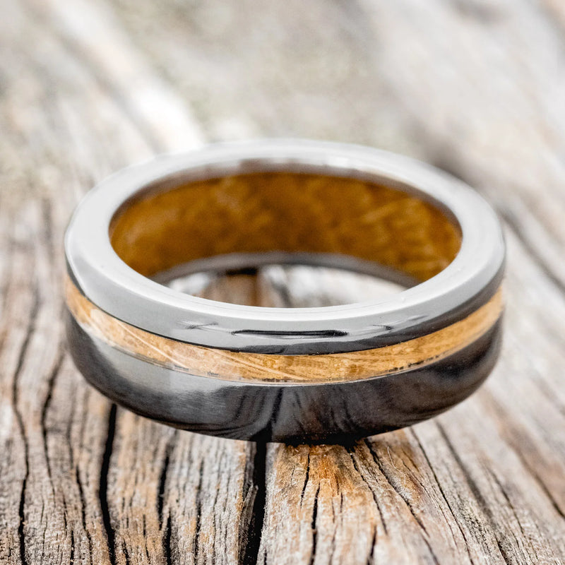 VERTIGO" - WHISKEY BARREL OAK INLAY & LINING WEDDING RING - BLACK ZIRCONIUM - SIZE 11 1/4-5