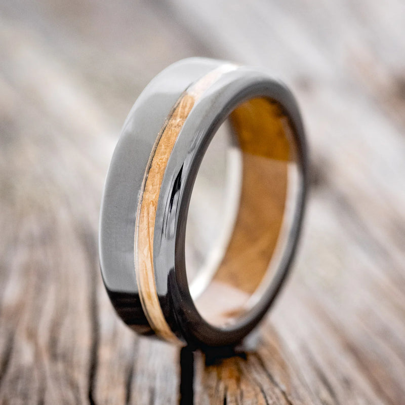 VERTIGO" - WHISKEY BARREL OAK INLAY & LINING WEDDING RING - BLACK ZIRCONIUM - SIZE 11 1/4-1