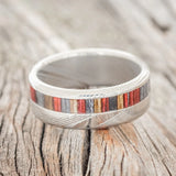 "CASTOR" - RED, GREY & BROWN BIRCH WOOD WEDDING RING - DAMASCUS STEEL - SIZE 10 1/4-2