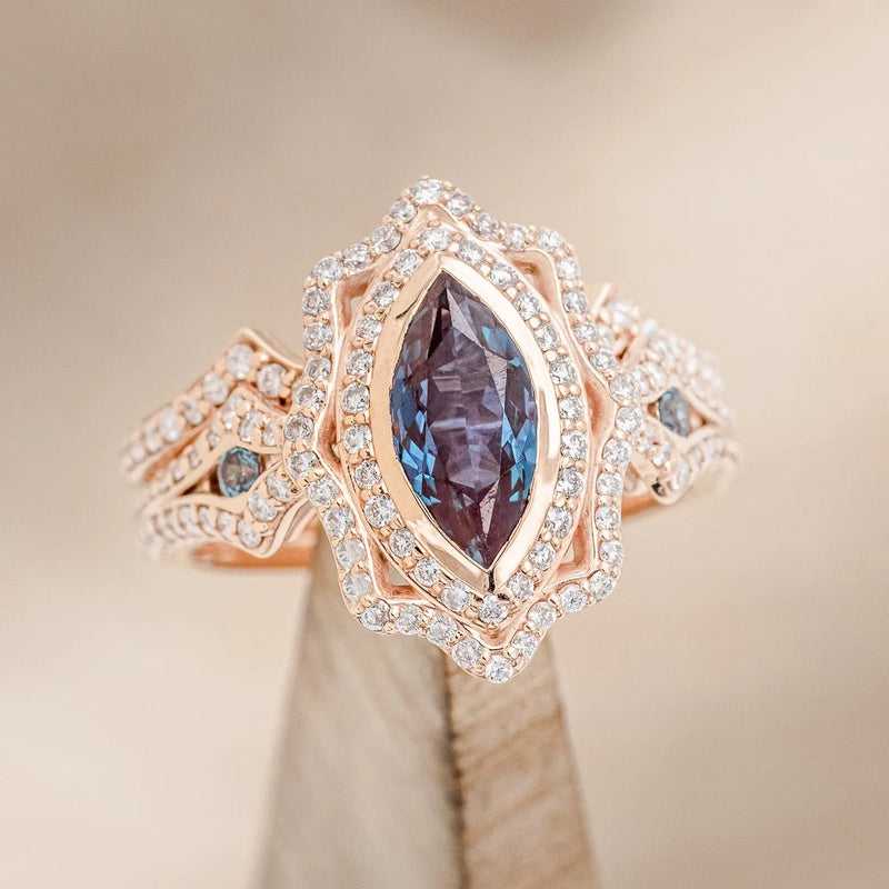 "ADELE" - MARQUISE LAB-GROWN ALEXANDRITE ENGAGEMENT RING WITH ALEXANDRITE ACCENTS, DIAMOND HALO & TRACER-1