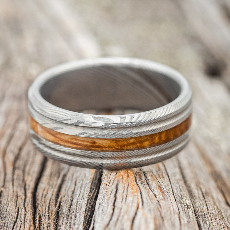 AUSTIN" - WHISKEY BARREL OAK WEDDING BAND - DAMASCUS STEEL - SIZE 11 1/2-3