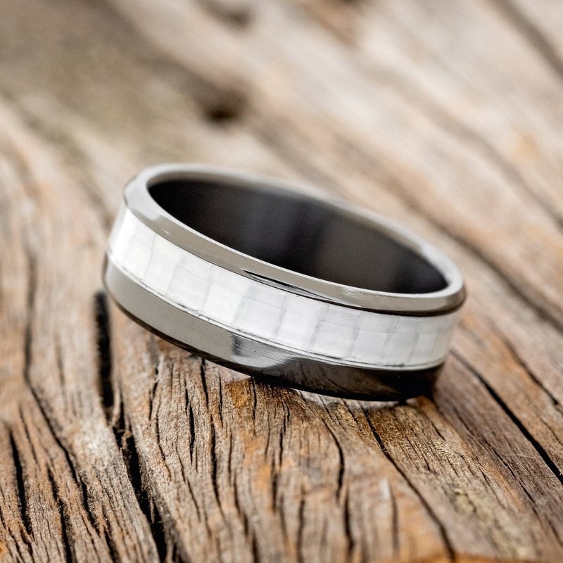 "TANNER" - WHITE CARBON FIBER WEDDING RING - BLACK ZIRCONIUM - SIZE 13-2